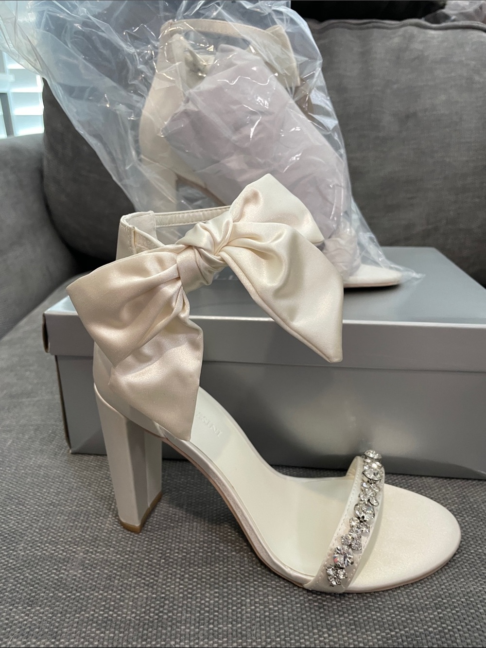 Oleg Cassini Cream Satin Ankle-Tie Heels with Crystal Toe Strap